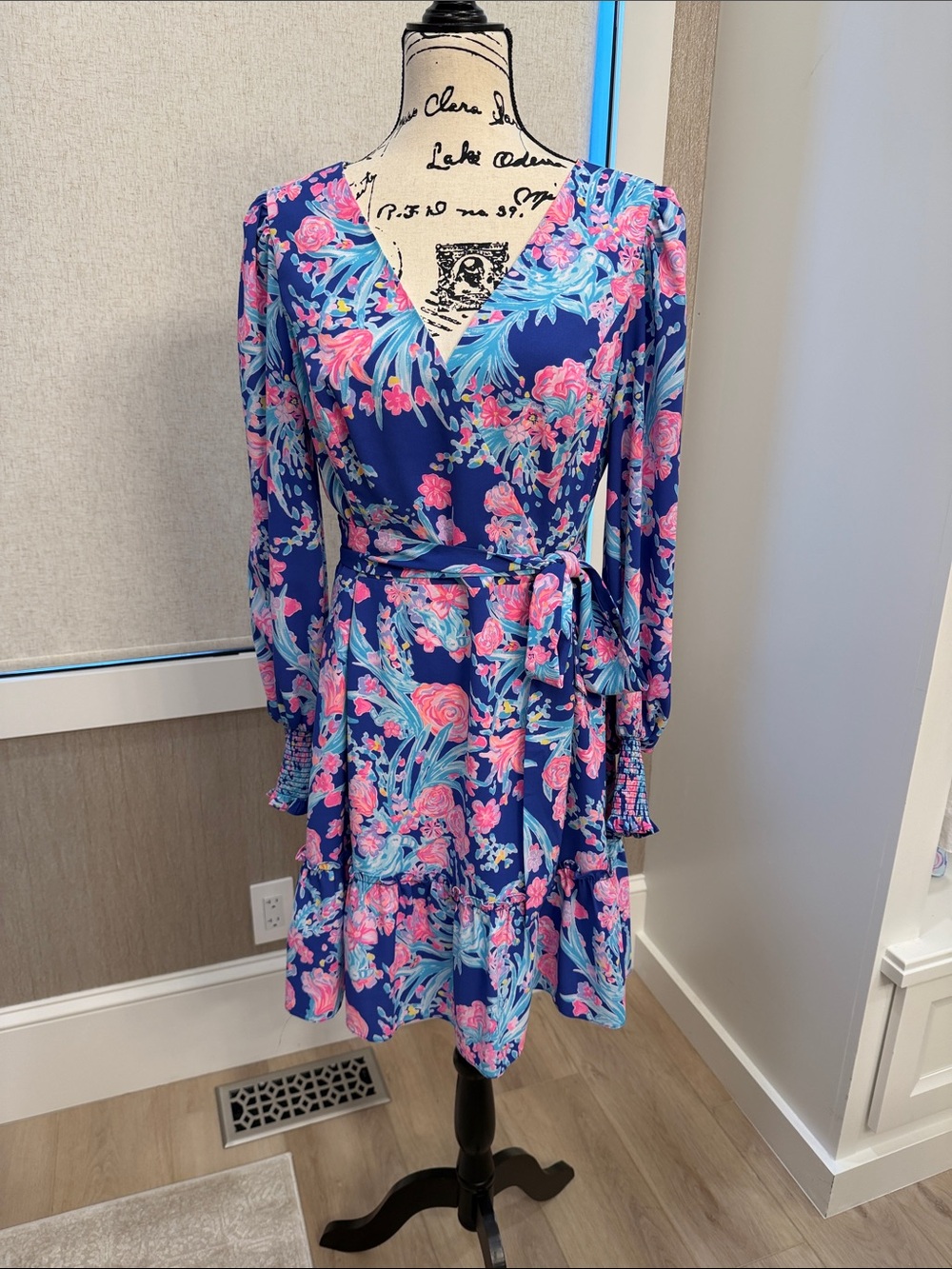 NWOT Lilly Pulitzer Navy Floral Wrap Dress with Pink & Aqua Print